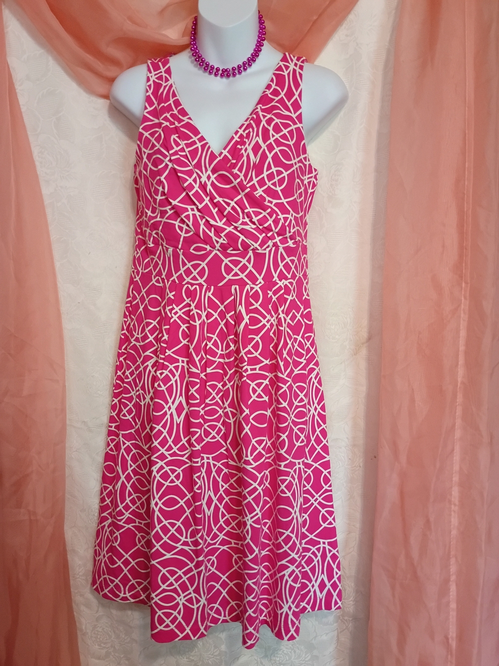 Lands' End Ladies Fuchsia Geometric V-Neck Midi Dress Sz XS